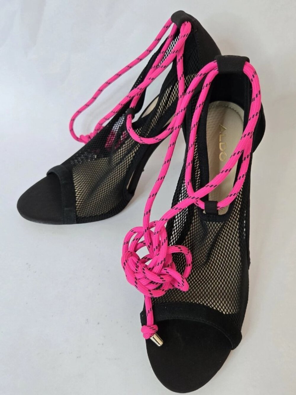 ALDO Lace Up High Heels(4,5") Size 7,5 Black Mesh Open Toe Clear Block Heel